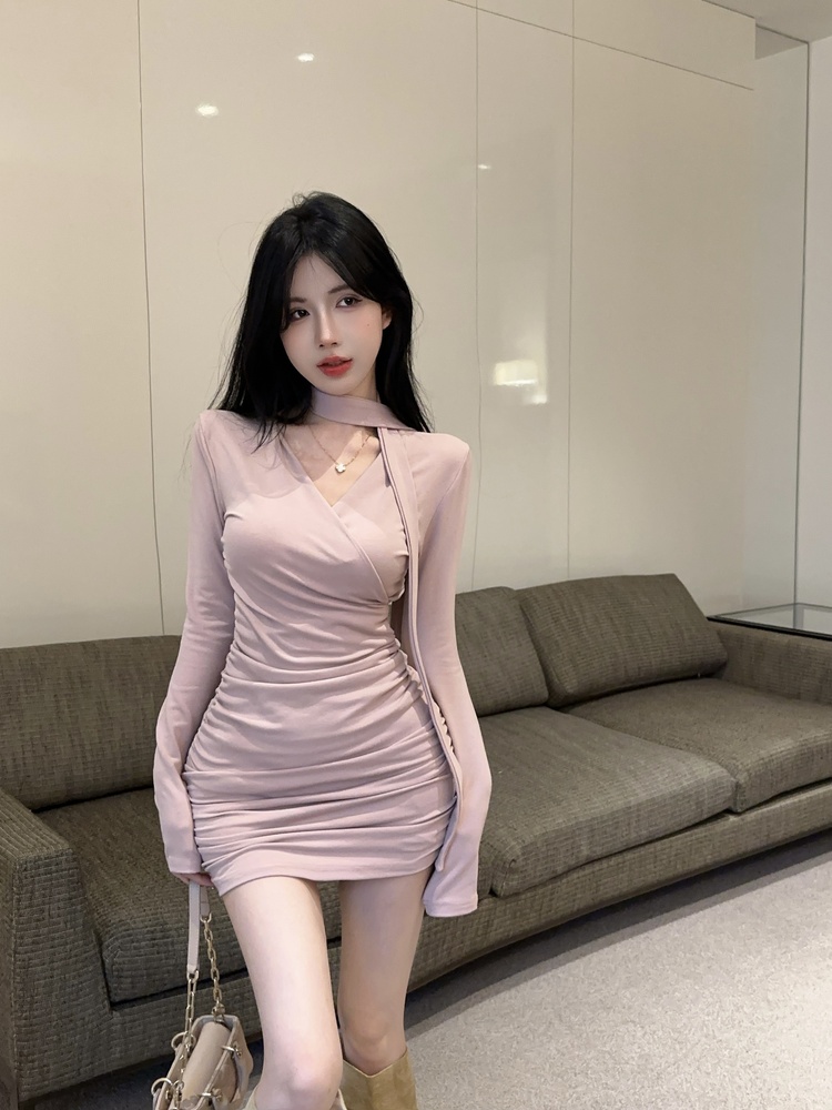 Bottoming V-neck fold temperament slim dress for women