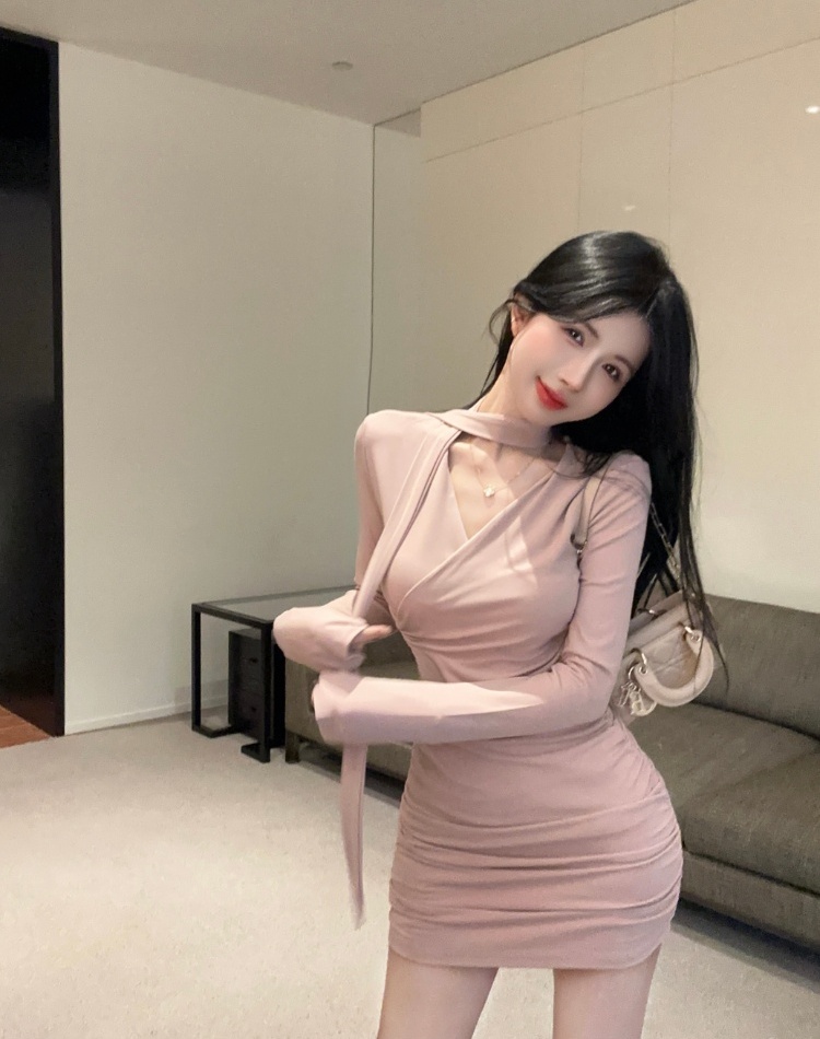 Bottoming V-neck fold temperament slim dress for women