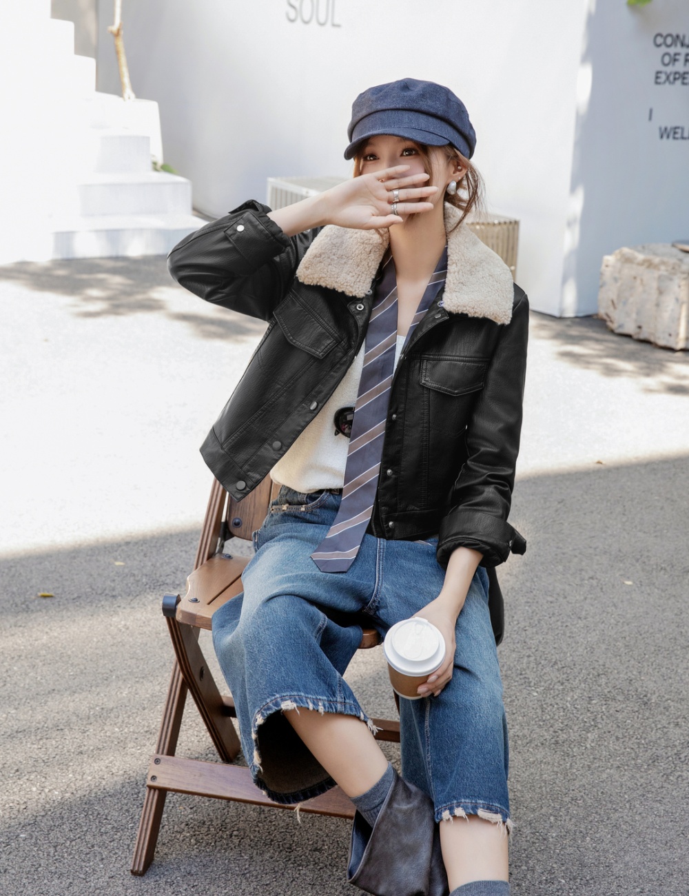 Lambs wool coat leather coat for women