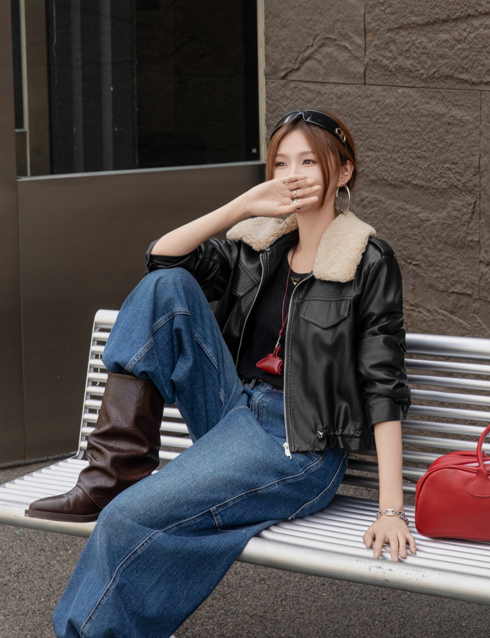 Removable thick coat plus velvet fur collar leather coat