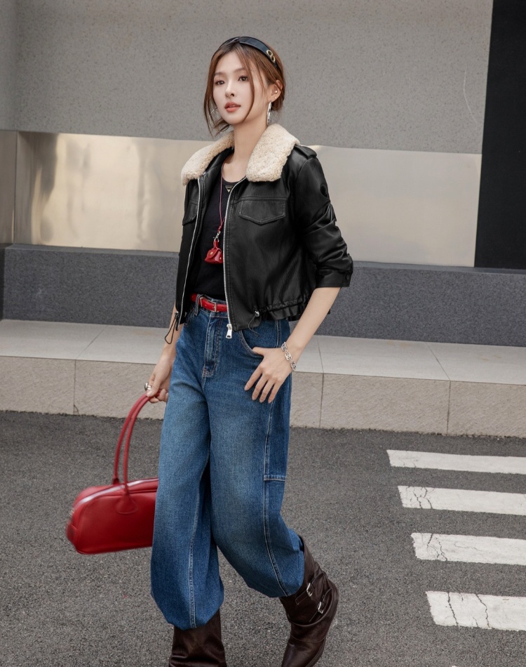 Removable thick coat plus velvet fur collar leather coat