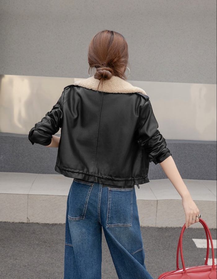 Removable thick coat plus velvet fur collar leather coat