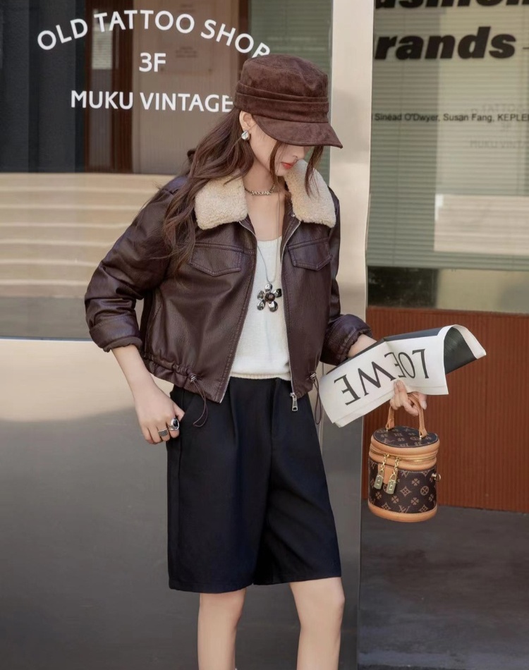 Removable thick coat plus velvet fur collar leather coat