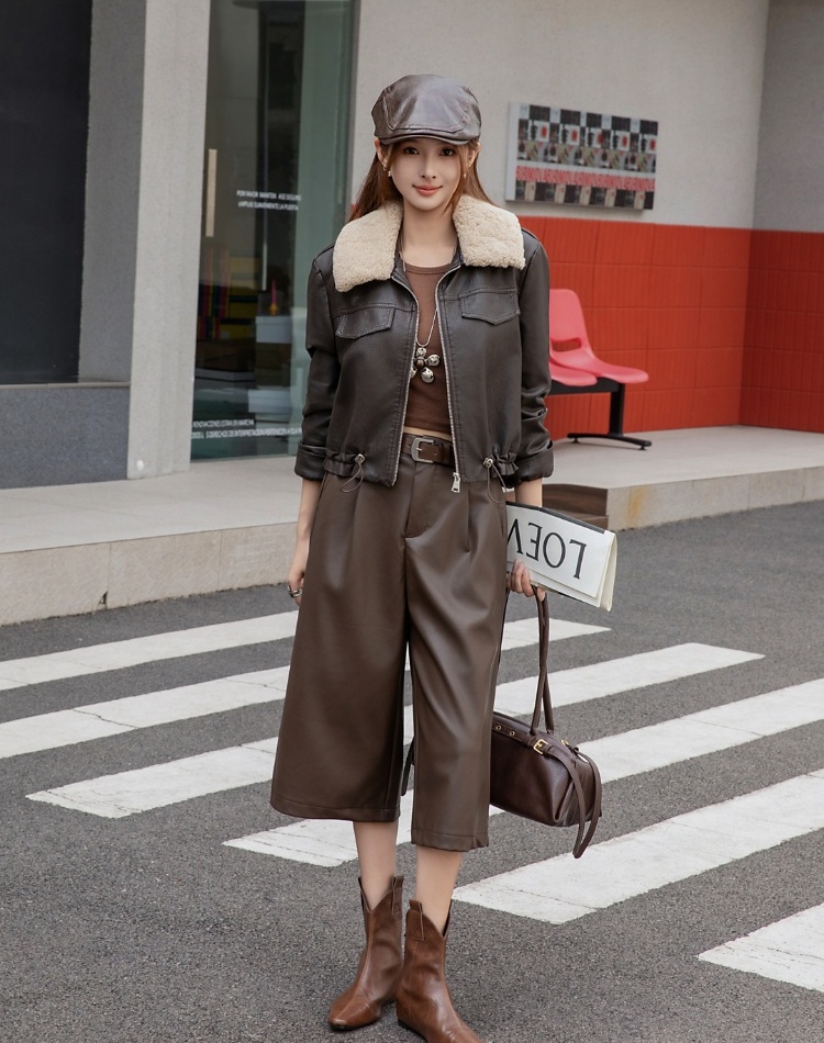 Removable thick coat plus velvet fur collar leather coat