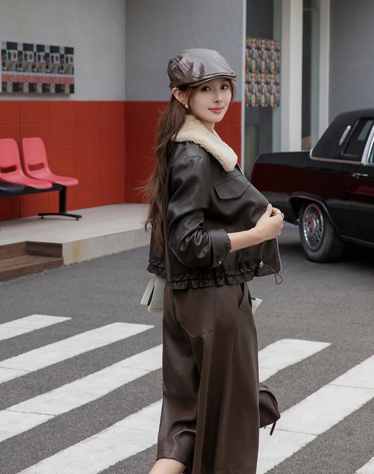 Removable thick coat plus velvet fur collar leather coat