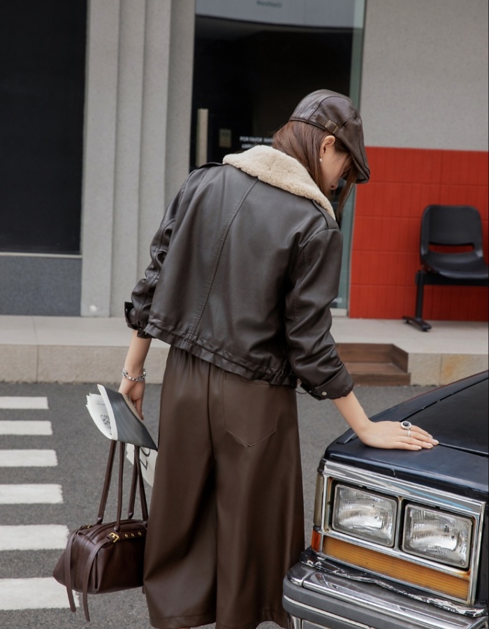 Removable thick coat plus velvet fur collar leather coat