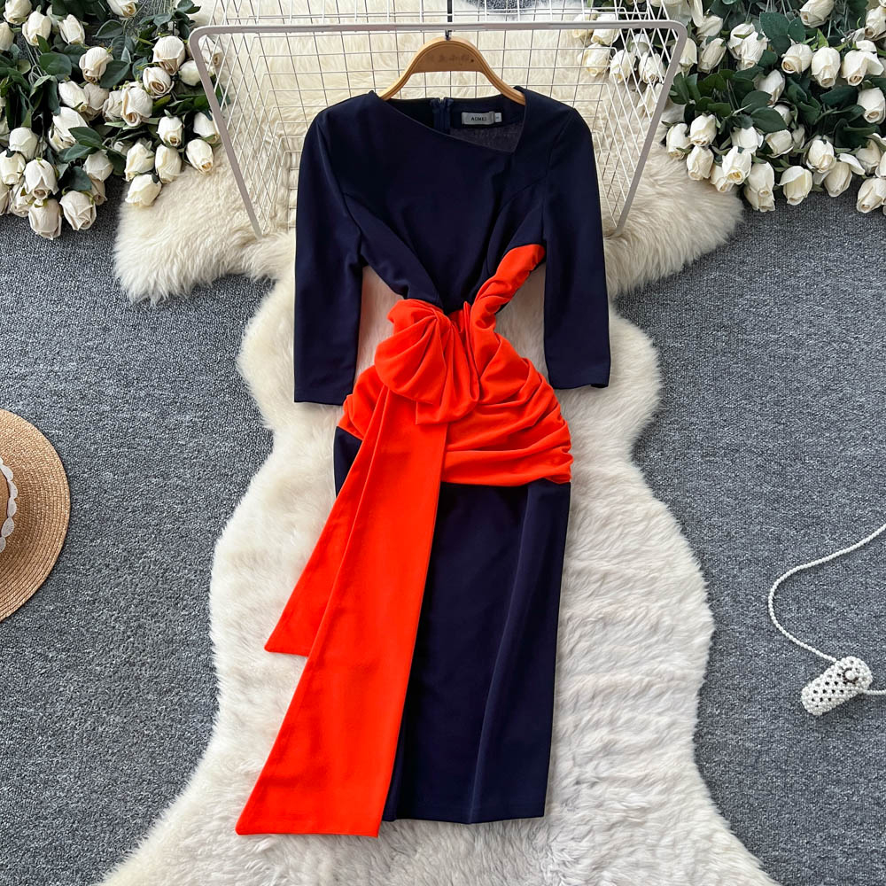 Long sleeve dress pinched waist formal dress for women