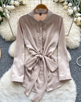 France style all-match tops bandage satin shirt for women