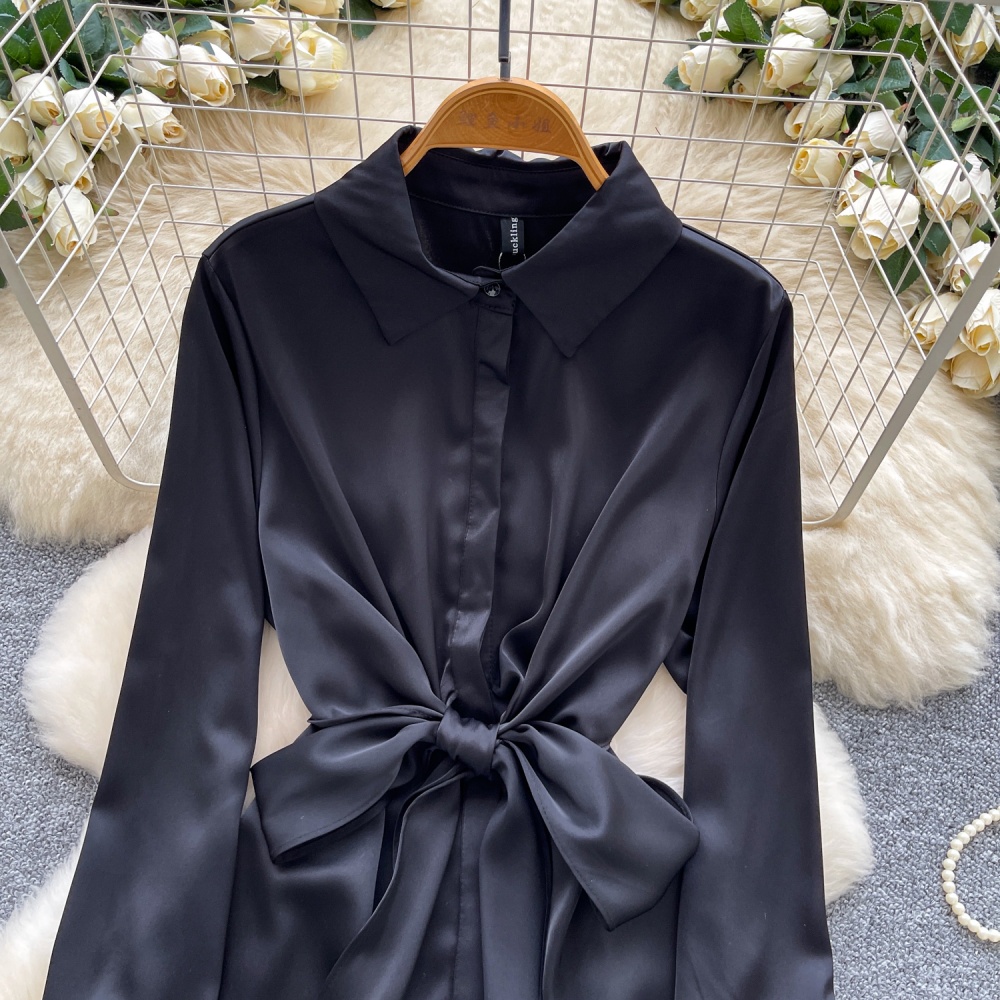 France style all-match tops bandage satin shirt for women