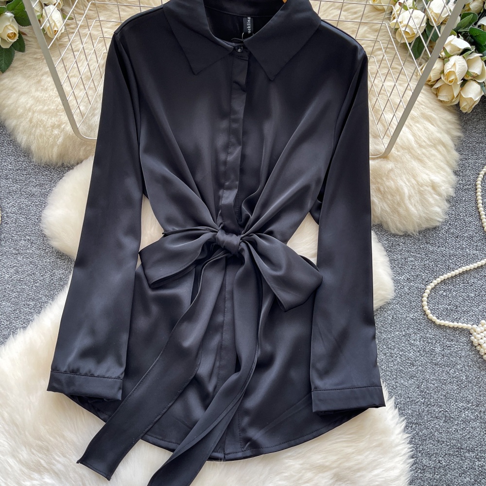 France style all-match tops bandage satin shirt for women