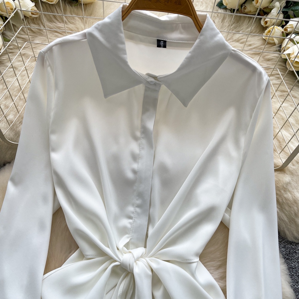 France style all-match tops bandage satin shirt for women