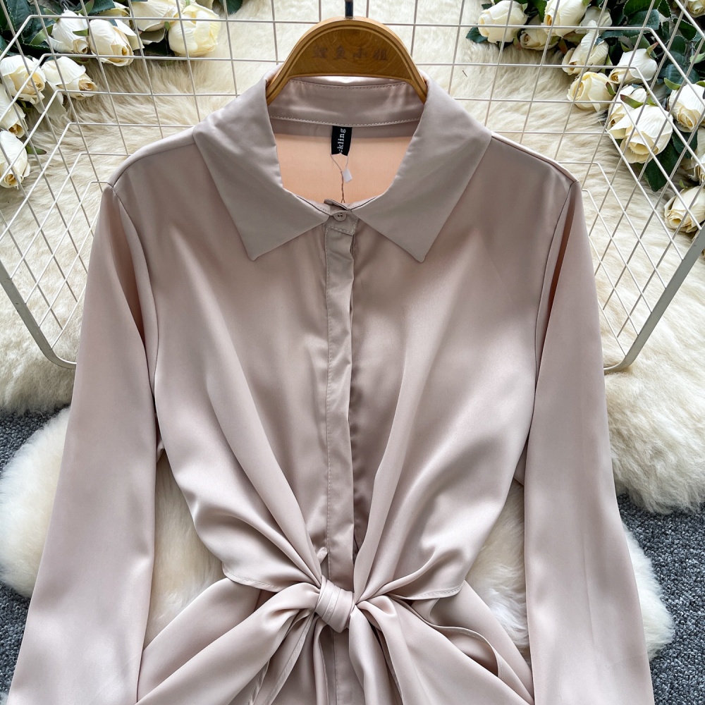 France style all-match tops bandage satin shirt for women