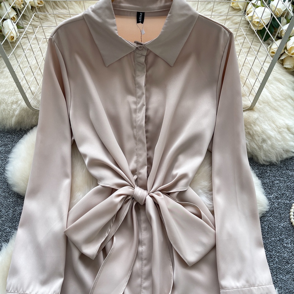 France style all-match tops bandage satin shirt for women