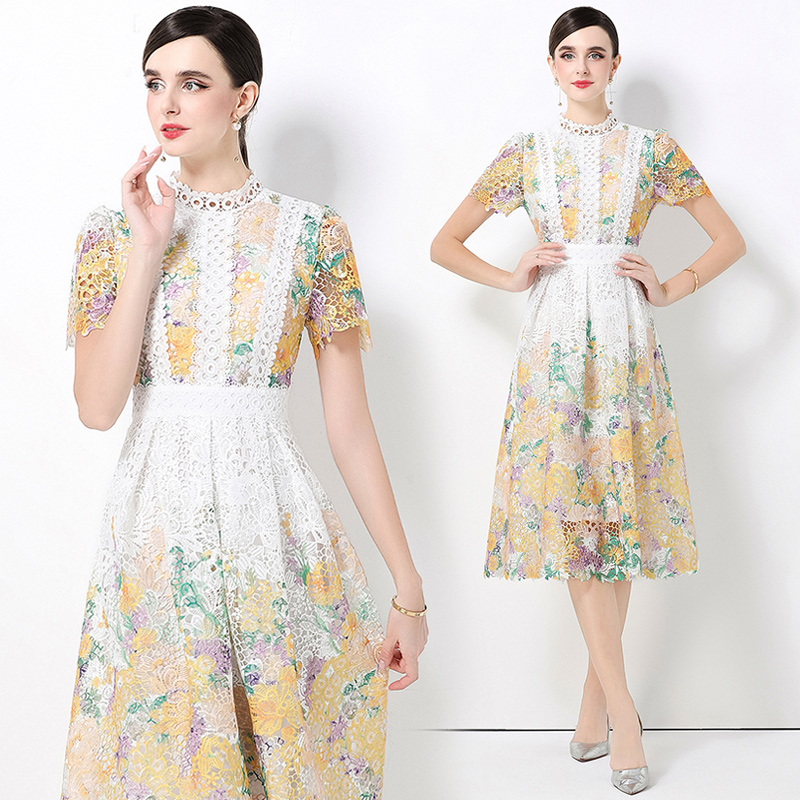 Lace hollow short sleeve slim fashion long dress