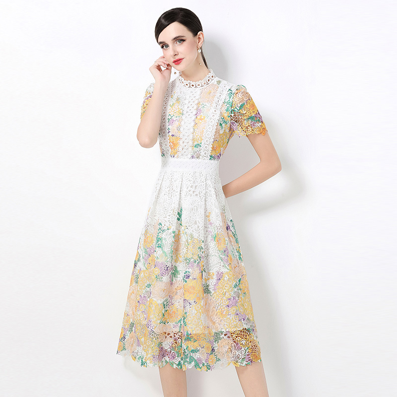 Lace hollow short sleeve slim fashion long dress