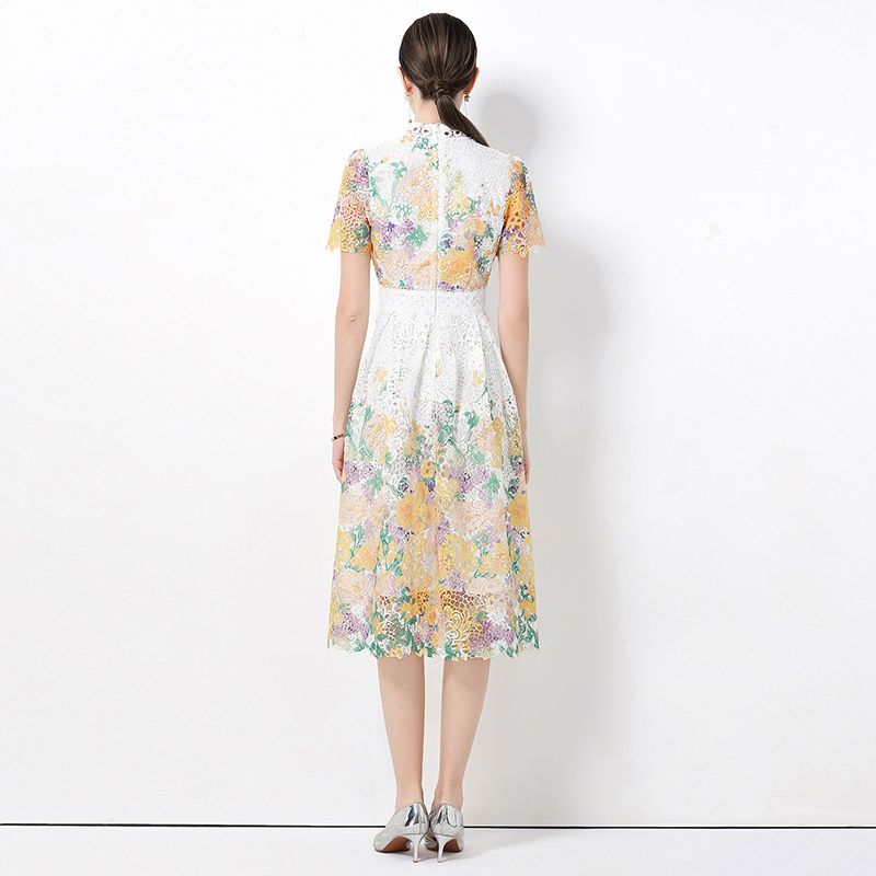 Lace hollow short sleeve slim fashion long dress