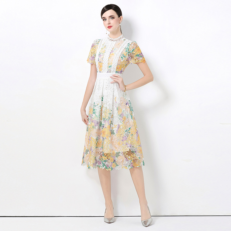 Lace hollow short sleeve slim fashion long dress