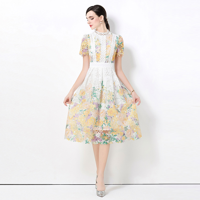 Lace hollow short sleeve slim fashion long dress