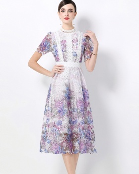 Fashion short sleeve hollow long lace slim dress