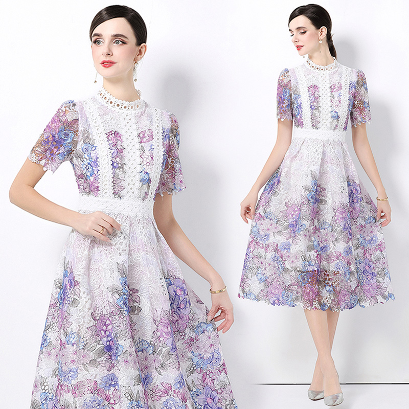 Fashion short sleeve hollow long lace slim dress