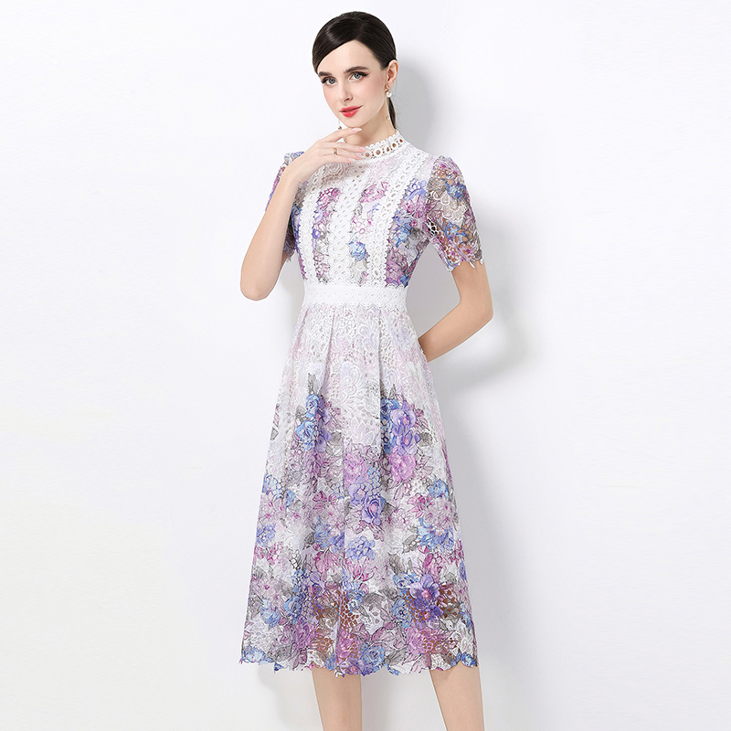 Fashion short sleeve hollow long lace slim dress