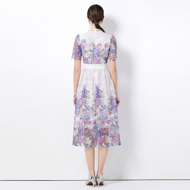 Fashion short sleeve hollow long lace slim dress