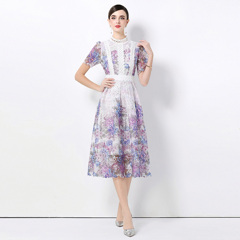 Fashion short sleeve hollow long lace slim dress