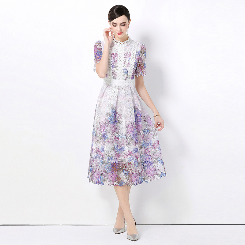 Fashion short sleeve hollow long lace slim dress