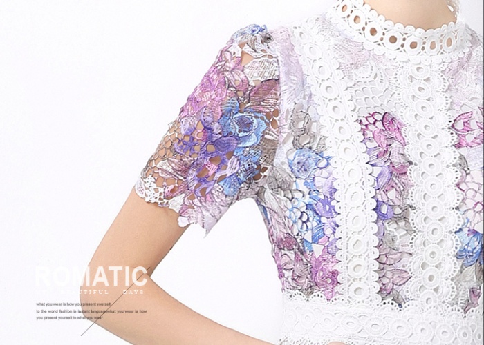 Fashion short sleeve hollow long lace slim dress