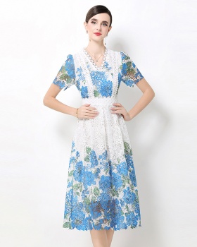 Hollow long fashion lace slim V-neck dress