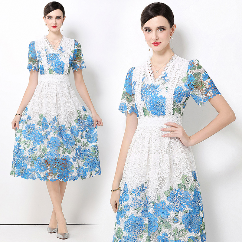 Hollow long fashion lace slim V-neck dress