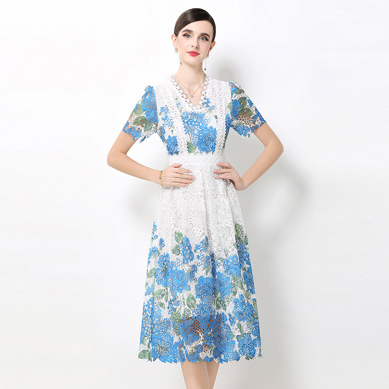 Hollow long fashion lace slim V-neck dress