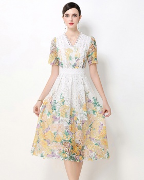 Hollow V-neck lace long fashion slim dress