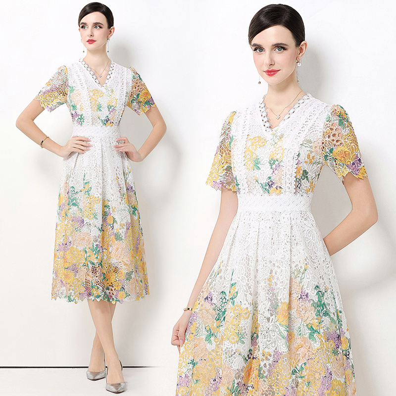 Hollow V-neck lace long fashion slim dress