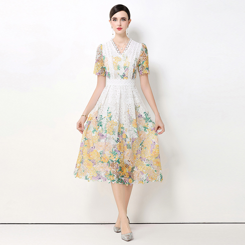 Hollow V-neck lace long fashion slim dress