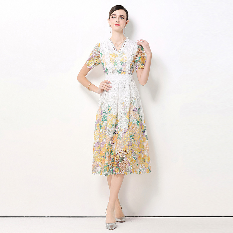 Hollow V-neck lace long fashion slim dress