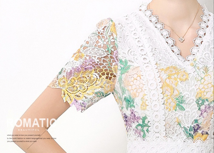 Hollow V-neck lace long fashion slim dress