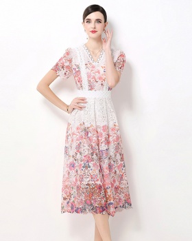 Long hollow fashion slim lace V-neck dress