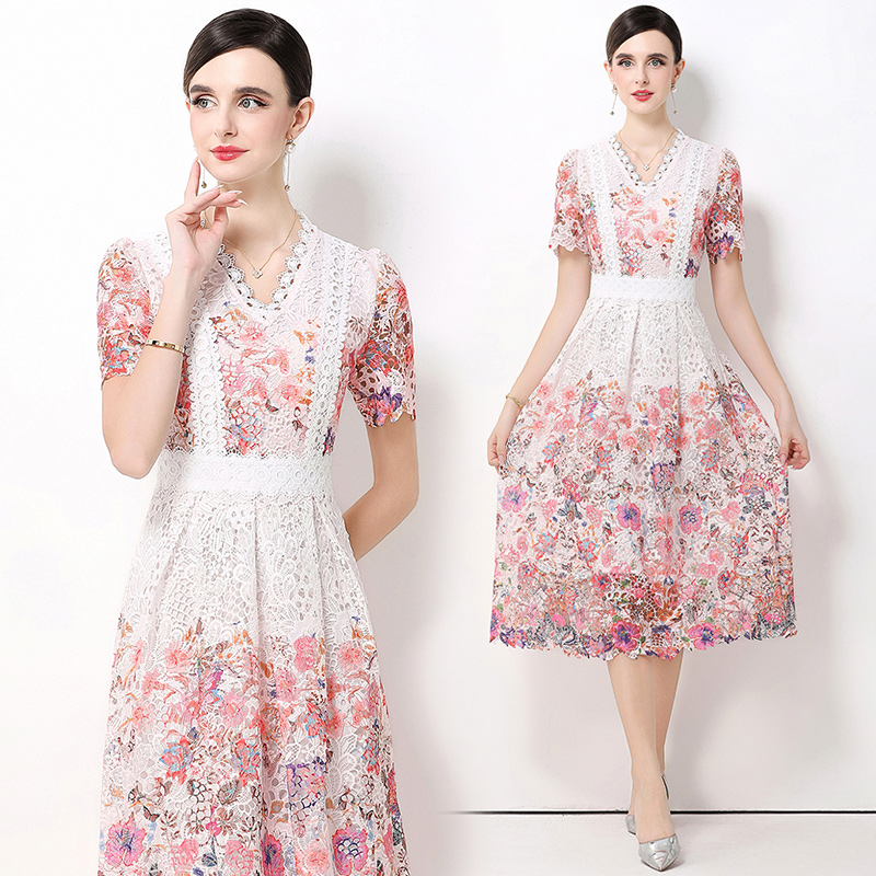 Long hollow fashion slim lace V-neck dress