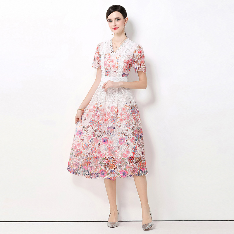 Long hollow fashion slim lace V-neck dress