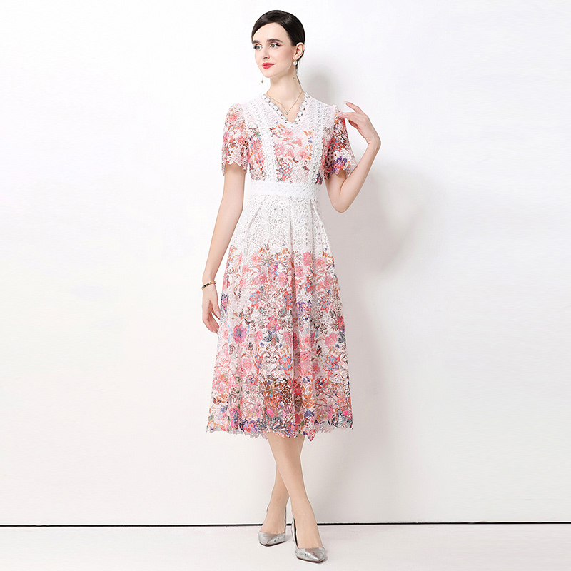 Long hollow fashion slim lace V-neck dress