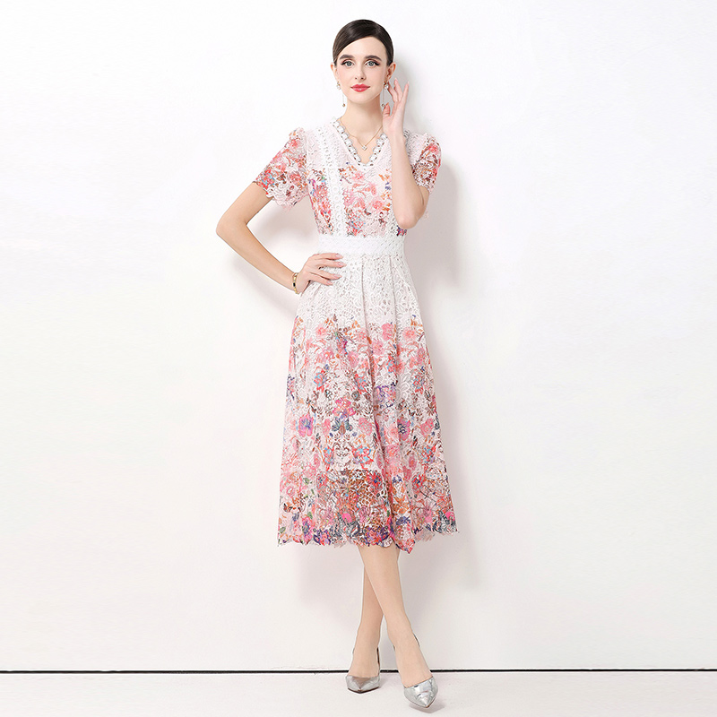 Long hollow fashion slim lace V-neck dress