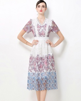 Lace hollow fashion slim long V-neck dress