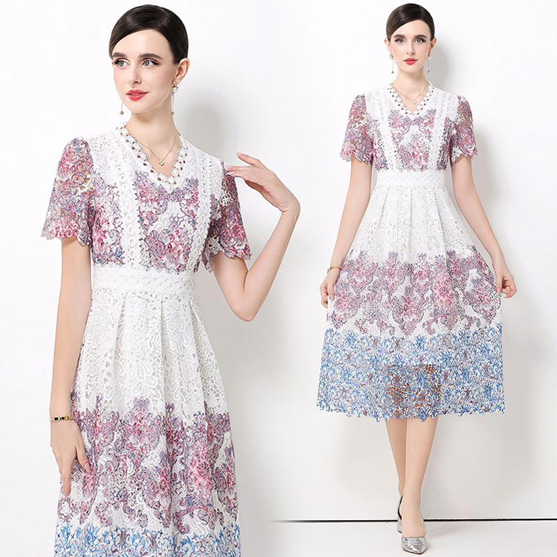 Lace hollow fashion slim long V-neck dress