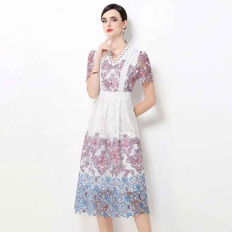 Lace hollow fashion slim long V-neck dress