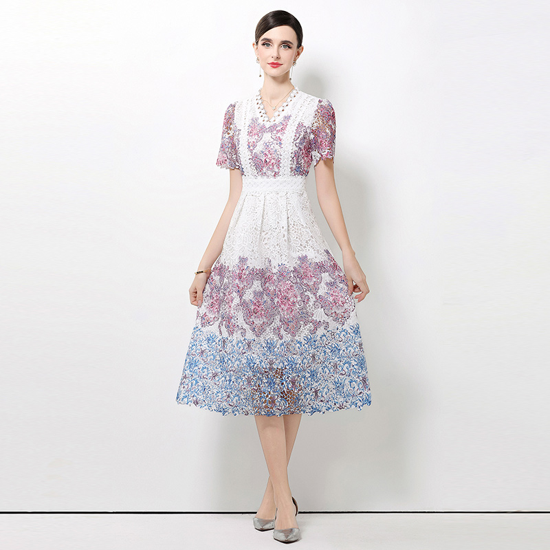 Lace hollow fashion slim long V-neck dress