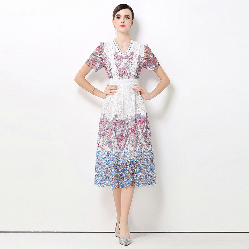 Lace hollow fashion slim long V-neck dress