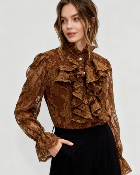 Long sleeve splice tops lotus leaf edges shirt for women