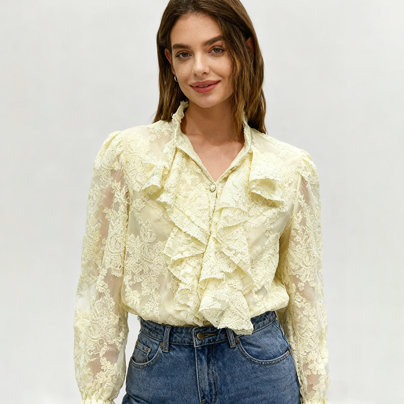 Long sleeve splice tops lotus leaf edges shirt for women