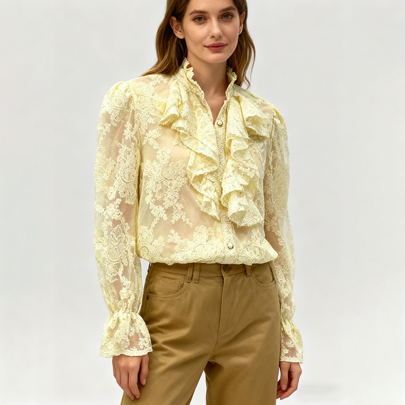 Long sleeve splice tops lotus leaf edges shirt for women